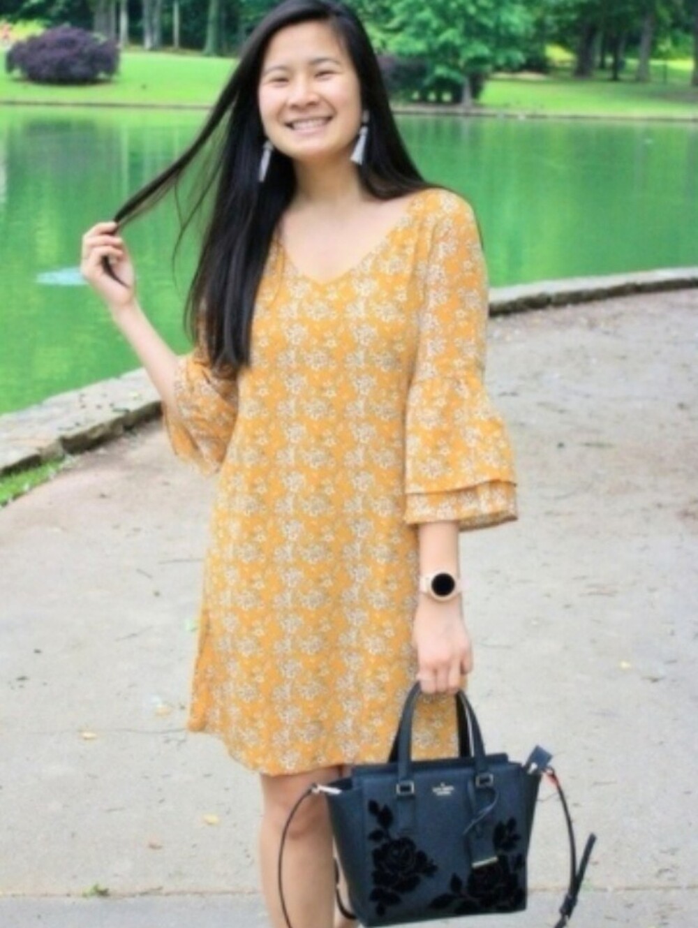 BOHO Belongsci Mustard Floral V Neck Bell Sleeves Dress - Picture 9 of 10